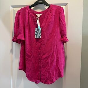 Market & Spruce Magenta Button-Front Short Sleeve Blouse
